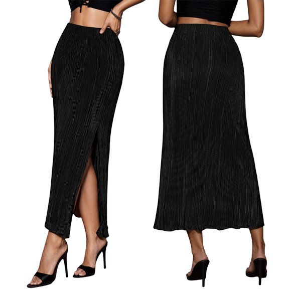 Women'S Midi Pencil Skirt Side Slit High Waisted Bodycon Casual Long Skirts Black S