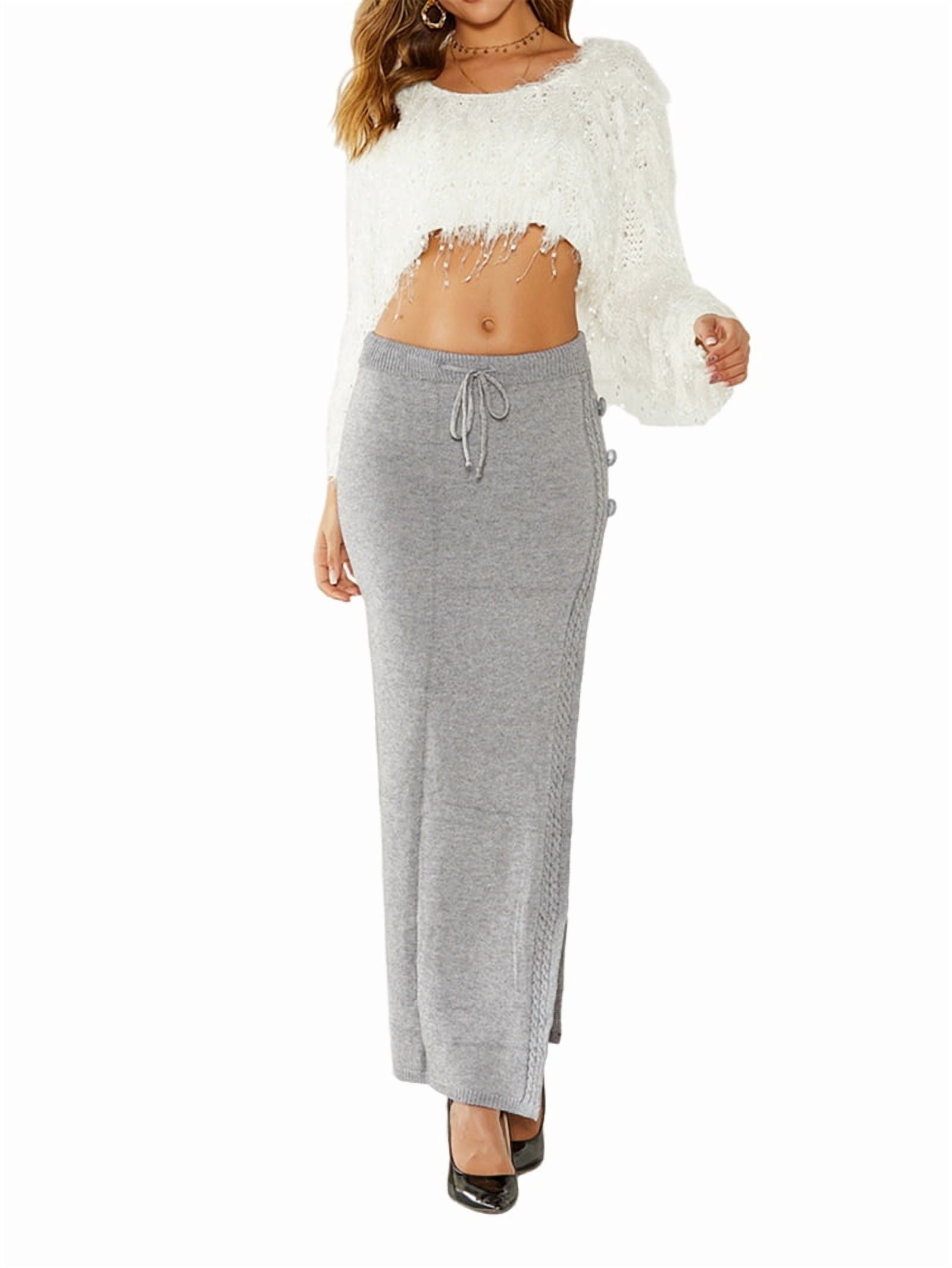 Women'S Midi Skirt Drawstring High Waist Slit Sweat Skirts Grey L Women'S Midi Skirt Drawstring High Waist Slit Sweat Skirts Grey L