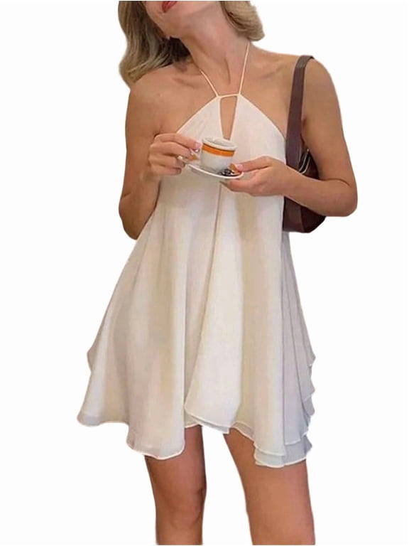 Women'S Mini Dress Halter Neck Sleeveless Tie Backless Swing Flowy Beach Dresses Summer Clothes White M