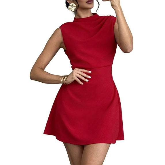 Women'S Mini Dress Ruched Mock Neck Sleeveless A Line Party Summer Dresses Red L