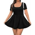 thumbnail image 1 of Women'S Mini Dress Square Neck Short Sleeve Ruffle Hem Dresses with Built in Shorts Black L, 1 of 9