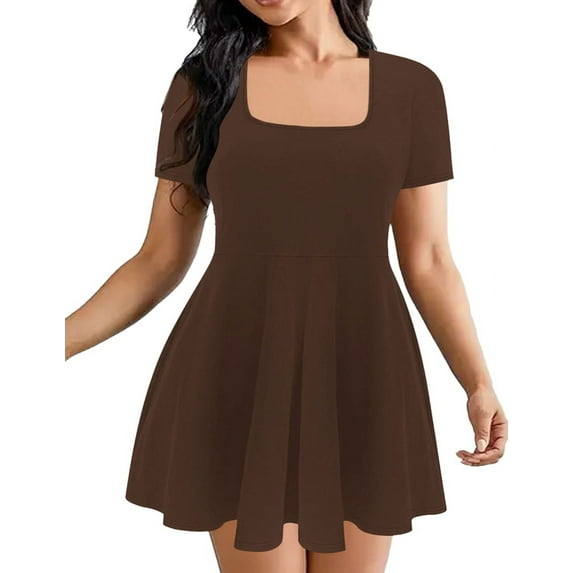 Women'S Mini Dress Square Neck Short Sleeve Ruffle Hem Dresses with Built in Shorts Brown M