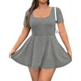 thumbnail image 1 of Women'S Mini Dress Square Neck Short Sleeve Ruffle Hem Dresses with Built in Shorts Grey S, 1 of 9