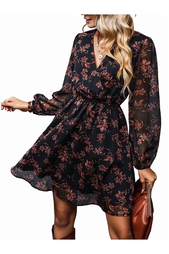 Women'S Mini Dresses Casual Spring V Neck Chiffon Long Peasant Sleeves Flowy Summer Dress Black S