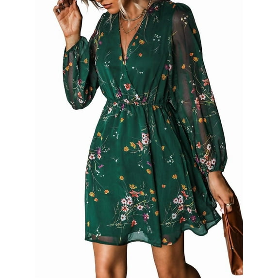 Women'S Mini Dresses Casual Spring V Neck Chiffon Long Peasant Sleeves Flowy Summer Dress Green XL