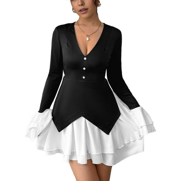 Women'S Mini Dresses V Neck Long Sleeve Flowy High Waist Bodycon A-Line Cocktail Wedding Guest Dress Black M