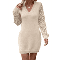 thumbnail image 1 of Women'S Mini Fitted Crochet Hollow-Out Sweater Sexy- Dress Dressy Casual Long Sleeve V Neck Knit Dresses Beige L, 1 of 8