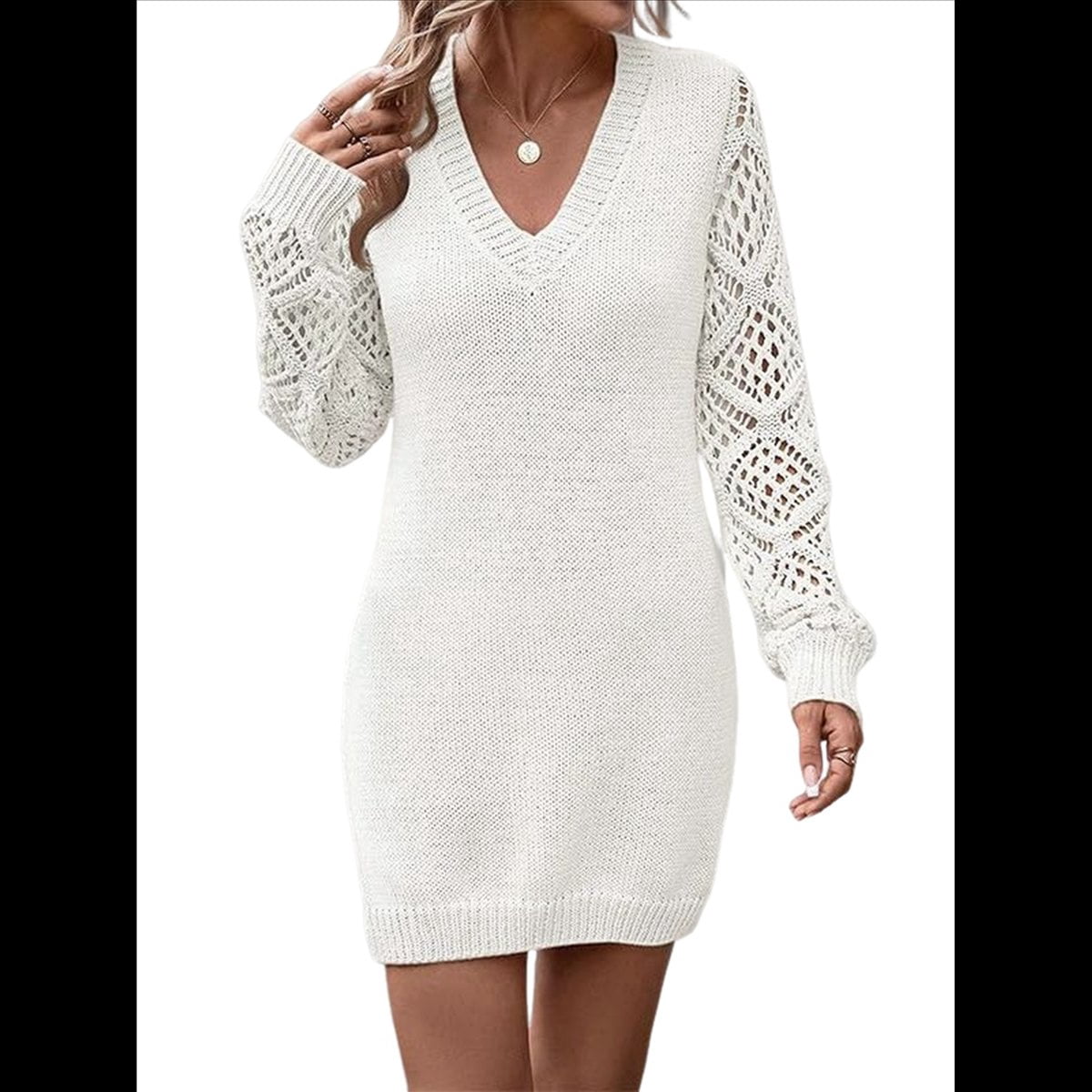 Women'S Mini Fitted Crochet Hollow-Out Sweater Sexy- Dress Dressy Casual  Long Sleeve V Neck Knit Dresses White L