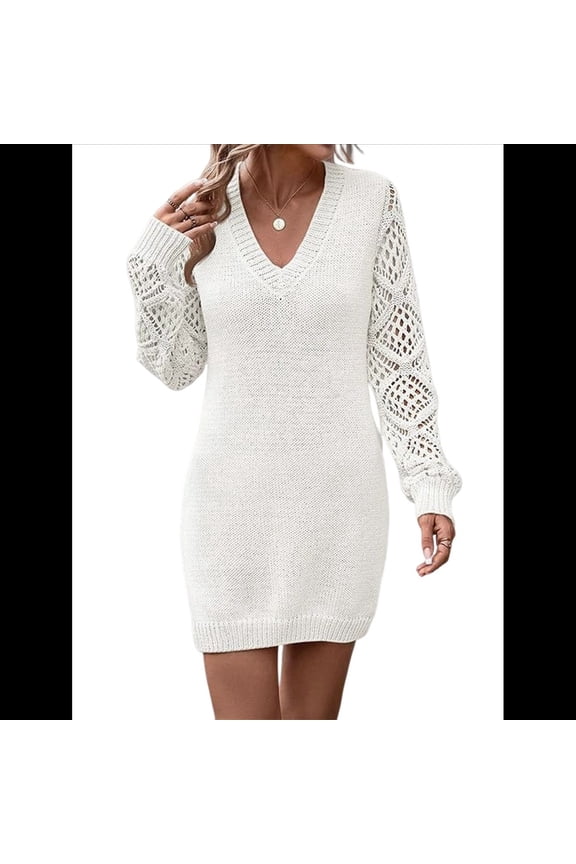 Women'S Mini Fitted Crochet Hollow-Out Sweater Sexy- Dress Dressy Casual Long Sleeve V Neck Knit Dresses White L
