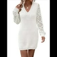 thumbnail image 1 of Women'S Mini Fitted Crochet Hollow-Out Sweater Sexy- Dress Dressy Casual Long Sleeve V Neck Knit Dresses White S, 1 of 8