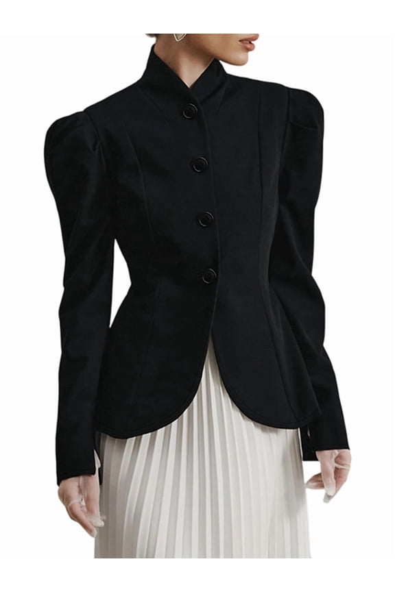 Women'S Minimalist Bubble Sleeve Waist Blazer Stand Collar Jacket Office Casual Coat Black L
