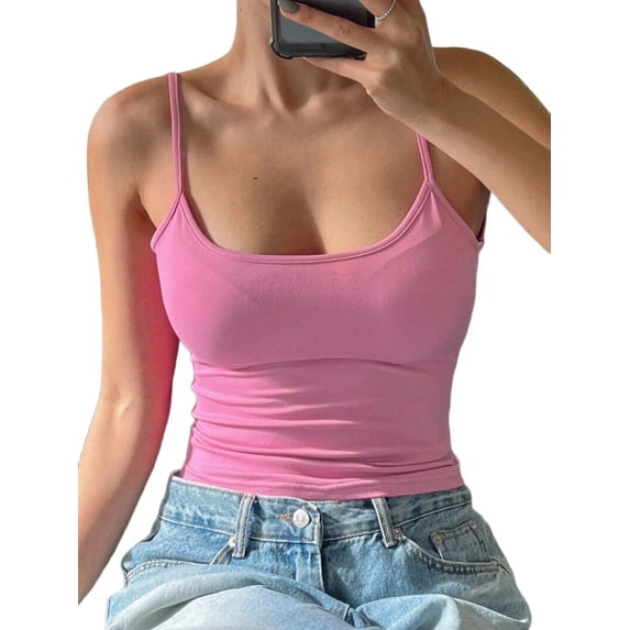 Women'S Minimalist Solid Color Backless Spaghetti Strap Camisole Summer Layering Basic Top Pink M