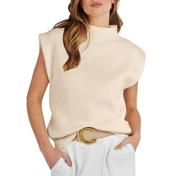 Women'S Mock Neck Sleeveless Sweater Vest Casual Cap Sleeve Knit Pullover Tank Tops 2025 Spring Summer Clothes Apricot S