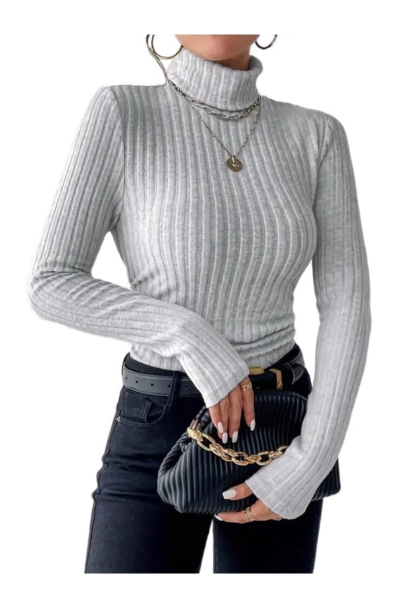 Women'S Mock Turtle-Neck Long Sleeve Shirts Fall Ribbed Fleece Layering Soft Thermal Undershirts Tee Gray XL