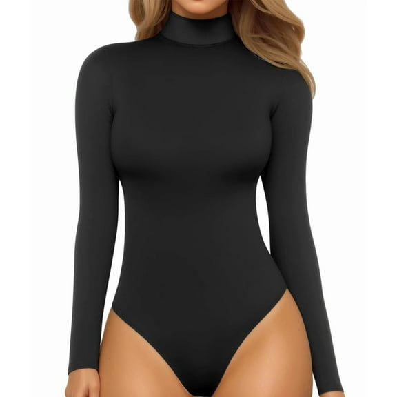 Women'S Mock Turtle Neck Long Sleeve Tops Bodysuit Jumpsuit
