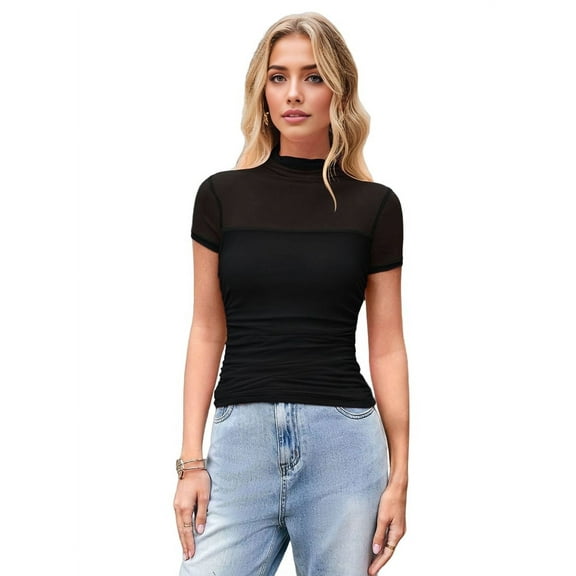 Women'S Mock Turtle Neck Short Sleeve Shirts Sheer Mesh Ruched Trendy Going Out Bodysuits Tops Black XL