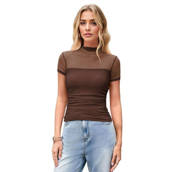 Women'S Mock Turtle Neck Short Sleeve Shirts Sheer Mesh Ruched Trendy Going Out Bodysuits Tops Coffee L