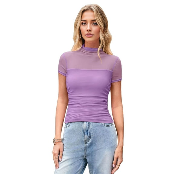 Women'S Mock Turtle Neck Short Sleeve Shirts Sheer Mesh Ruched Trendy Going Out Bodysuits Tops Purple S