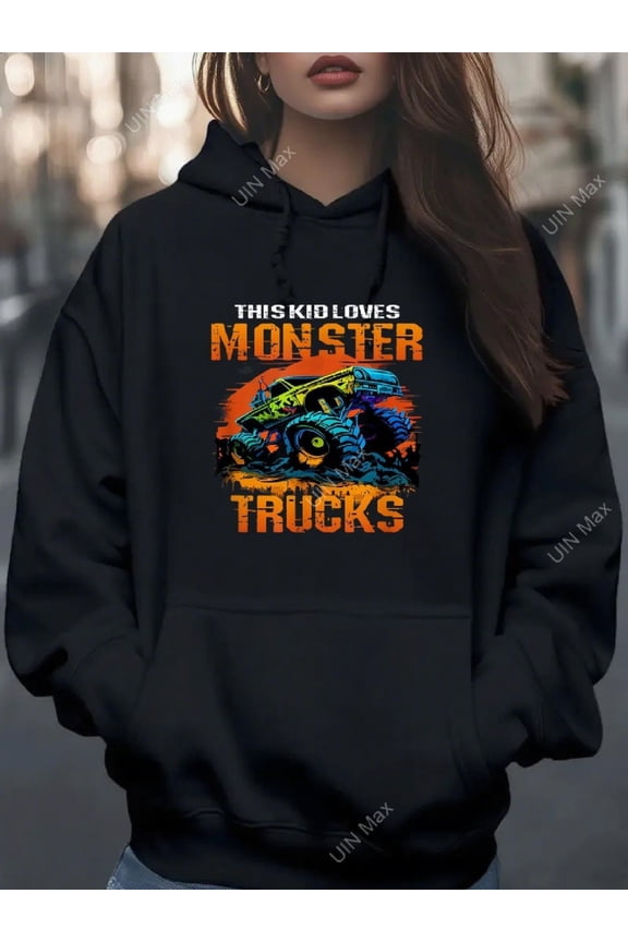 Women'S Monster Truck Graphic Hoodie - Bold Monster Truck Design Sweatshirt, Adjustable Drawstring Hood for Monster Truck Fans, All-Season Casual Pullover for Everyday & Themed Events