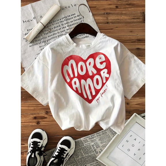 Women's "More Amor" Graphic Tee - Casual Crew Neck Short Sleeve T-Shirt with Heart Design, All-Season Fashion, Everyday Tshirt | Playful Design | Comfortable Fit, Cute T Shirts