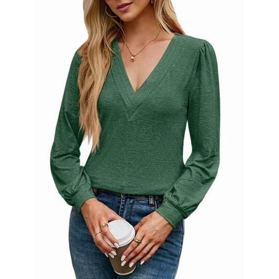 Women'S Multi-Layered V-Neck Solid Color Long Sleeved T-Shirt Casual Blouses Top Green M