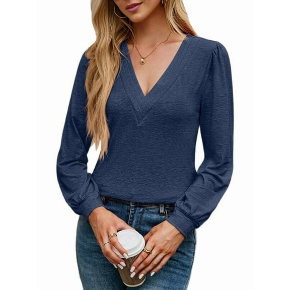Women'S Multi-Layered V-Neck Solid Color Long Sleeved T-Shirt Casual Blouses Top Navy Blue XL