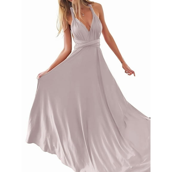 Women'S Multi-Wear Multi-Rope -Back Strap Dress Solid Color High Waist Sleeveless Maxi Dress Bean Paste Color L