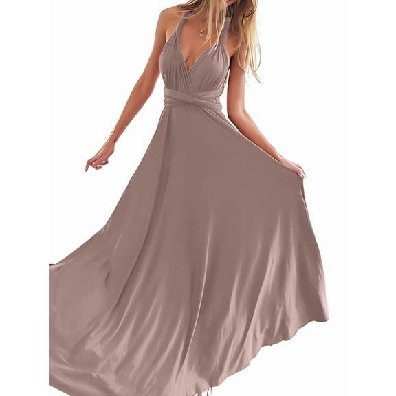 Women'S Multi-Wear Multi-Rope -Back Strap Dress Solid Color High Waist Sleeveless Maxi Dress Khaki S