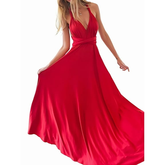 Women'S Multi-Wear Multi-Rope -Back Strap Dress Solid Color High Waist Sleeveless Maxi Dress Red M