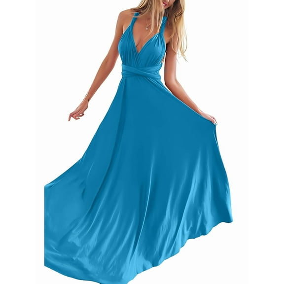 Women'S Multi-Wear Multi-Rope -Back Strap Dress Solid Color High Waist Sleeveless Maxi Dress Water Blue M