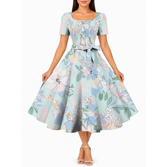 Women'S Multicolor Bloom Print Square Neck Dress Short Sleeve Tie Waist A-Line Midi Swing Dress