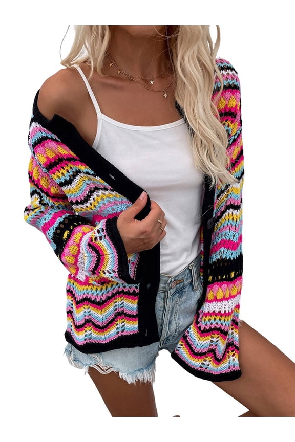 Women'S Multicolored Striped Crochet Knit Cardigan Crew Neck Flared Sleeve Button Y2K Sweater Coat Black L