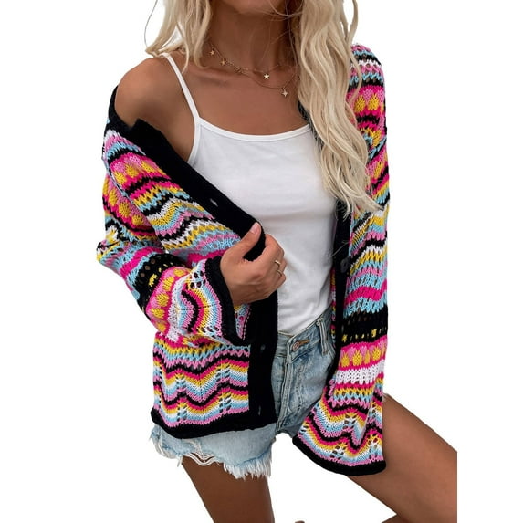 Women'S Multicolored Striped Crochet Knit Cardigan Crew Neck Flared Sleeve Button Y2K Sweater Coat Black S