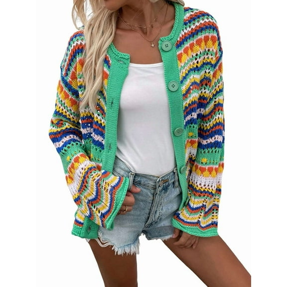 Women'S Multicolored Striped Crochet Knit Cardigan Crew Neck Flared Sleeve Button Y2K Sweater Coat Green M