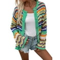 thumbnail image 1 of Women'S Multicolored Striped Crochet Knit Cardigan Crew Neck Flared Sleeve Button Y2K Sweater Coat Green S, 1 of 9