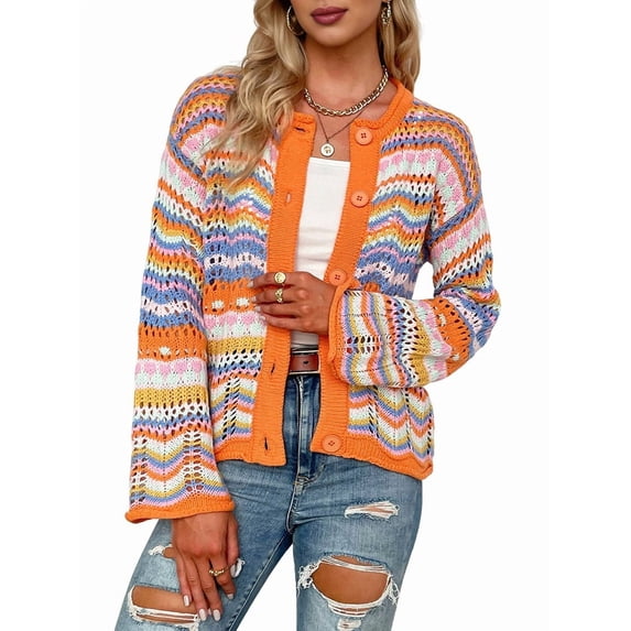 Women'S Multicolored Striped Crochet Knit Cardigan Crew Neck Flared Sleeve Button Y2K Sweater Coat Orange L
