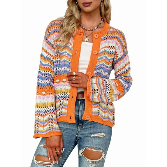 Women'S Multicolored Striped Crochet Knit Cardigan Crew Neck Flared Sleeve Button Y2K Sweater Coat Orange M