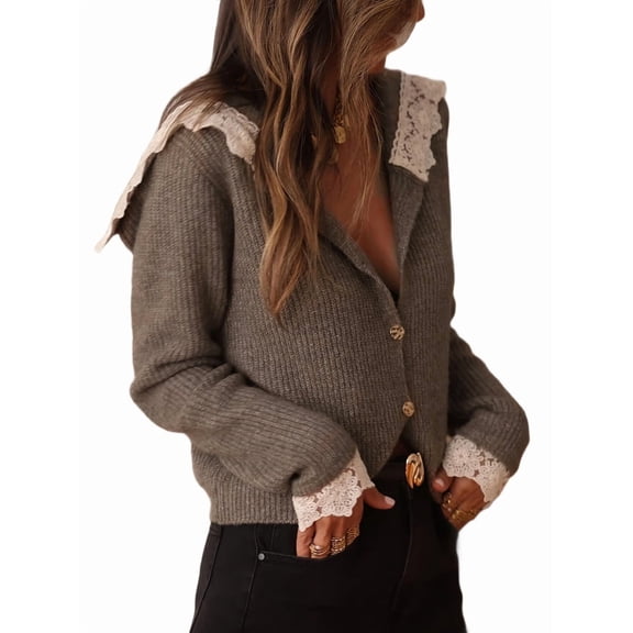 Women'S Navy Collar Lace Trim Knit Cardigan Sweater Short Preppy Style Top Khaki M
