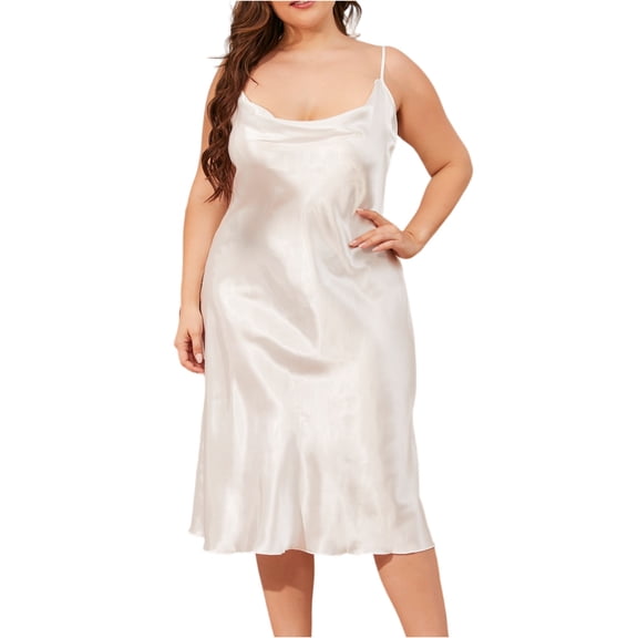 Women'S Nightdress Ice Silk One-Piece Comfortable Large Size Spring Summer Swing Collar Suspenders Nightgown Loose Home Clothes Sleeveless Cowl Neck Midi Nightgown Elegant Soft Silky Sleepwear