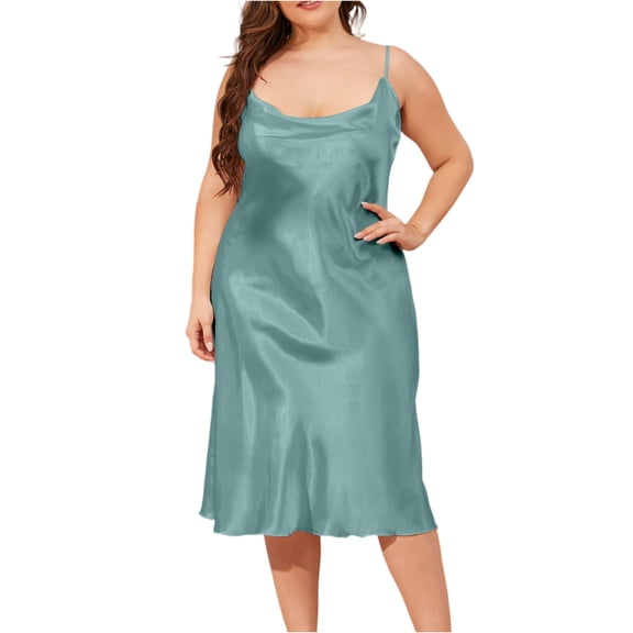 Women'S Nightdress Ice Silk One-Piece Comfortable Large Size Spring Summer Swing Collar Suspenders Nightgown Loose Home Clothes Sleeveless Cowl Neck Midi Nightgown Elegant Soft Silky Sleepwear