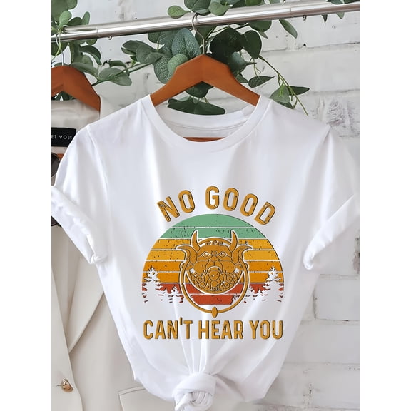 Women'S "No Good Can't Hear You" Graphic T-Shirt - Casual Short Sleeve Crew Neck Top with Cartoon Maze Design, White, Perfect for Summer & Spring, Ladies T Shirts