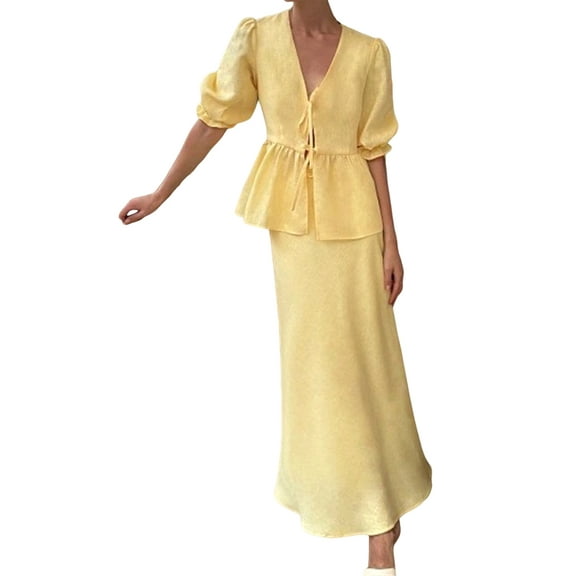 Women'S Non See Through 2 Piece Sets Summer V-Neck Puff Sleeves Tops and Midi Skirt Outfits Yellow L