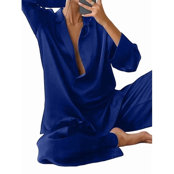 Women'S Notched Collar Long Sleeve Top & Wide Leg Pants Loungewear Set Blue L