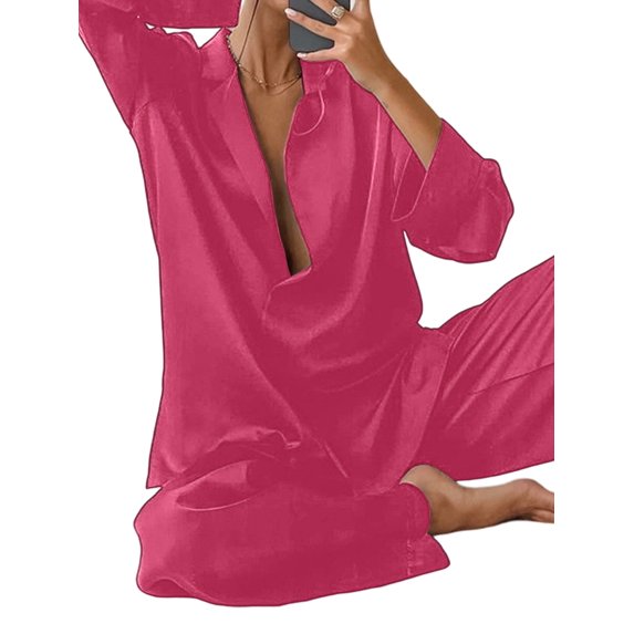 Women'S Notched Collar Long Sleeve Top & Wide Leg Pants Loungewear Set Pink L