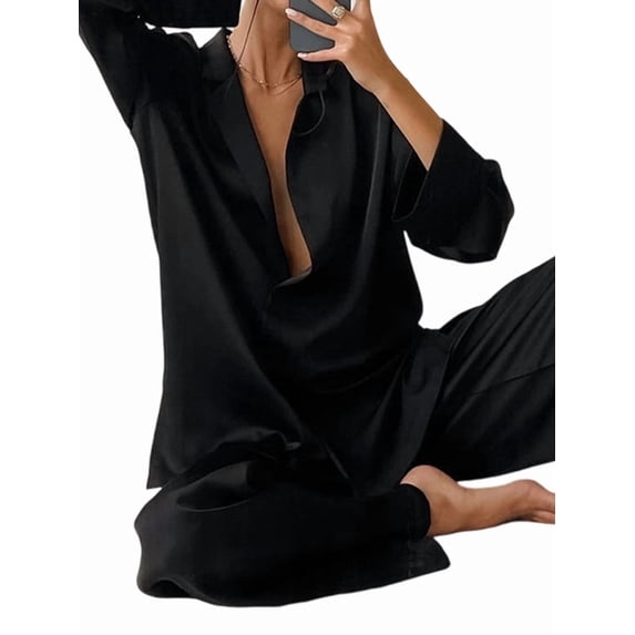 Women'S Notched Collar Long Sleeve Top & Wide Leg Pants Loungewear Set