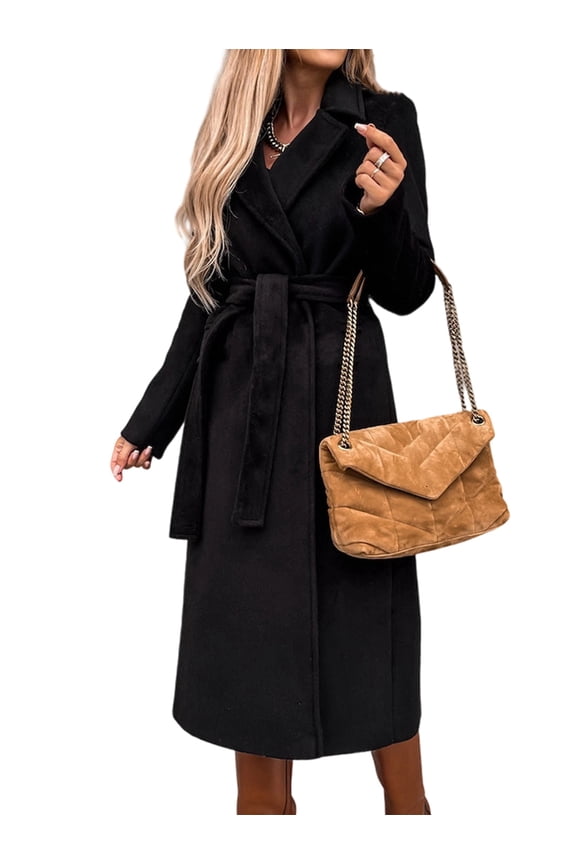 Women'S Notched Lapel Long Sleeves Slim Mid-Long Wool Blend Outerwear Casual Fall Winter Coats with Belt Black L