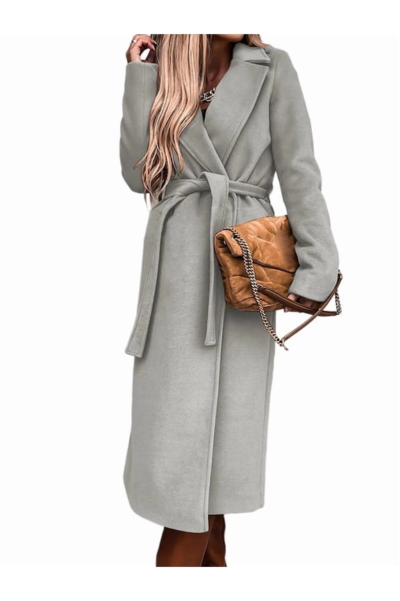 Women'S Notched Lapel Long Sleeves Slim Mid-Long Wool Blend Outerwear Casual Fall Winter Coats with Belt Light Grey XL