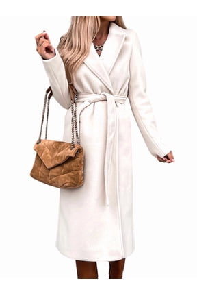 Women'S Notched Lapel Long Sleeves Slim Mid-Long Wool Blend Outerwear Casual Fall Winter Coats with Belt White XL