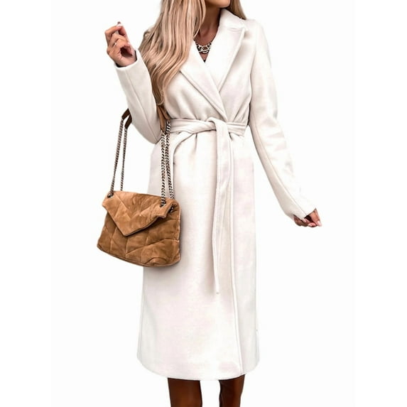 Women'S Notched Lapel Long Sleeves Slim Mid-Long Wool Blend Outerwear Casual Fall Winter Coats with Belt White XXL
