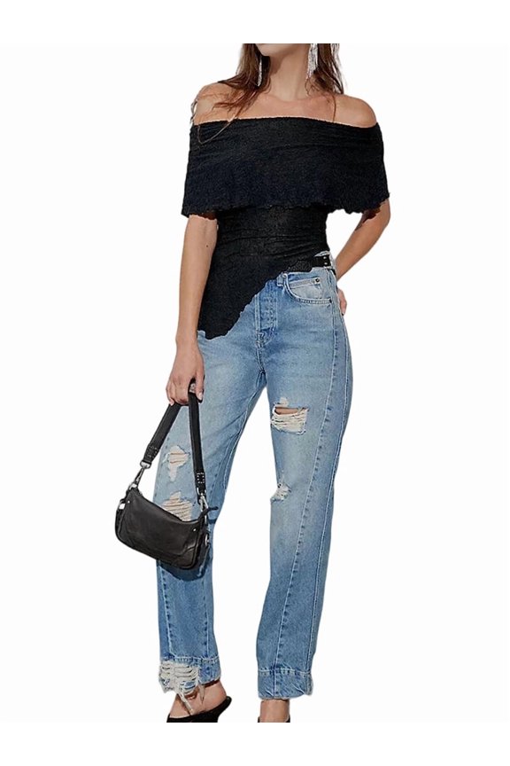 Women'S Off Shoulder Asymmetric Hem Ruffle Textured Short Sleeve Fitted Casual Top Black S
